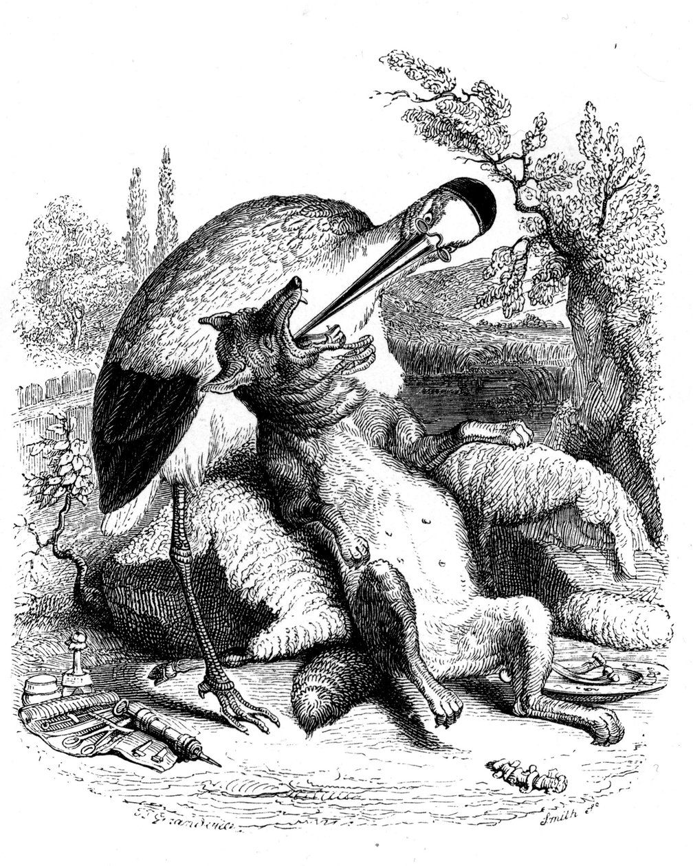 Susi ja haikara: Grandvillen kuvittama La Fontainen satu. Edition Garnier 1860. Haikara esitetään lääkärinä (väärät palkinnot hänen pahoinpitelystään!). tekijältä Grandville (1803 47)