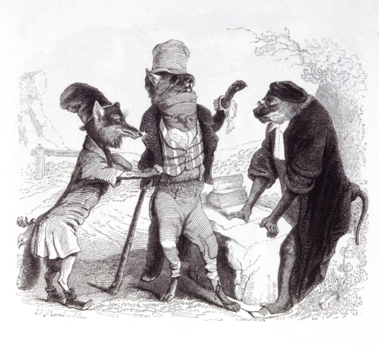 Susi anomassa kettua vastaan apinan edessä tekijältä Grandville (1803 47)