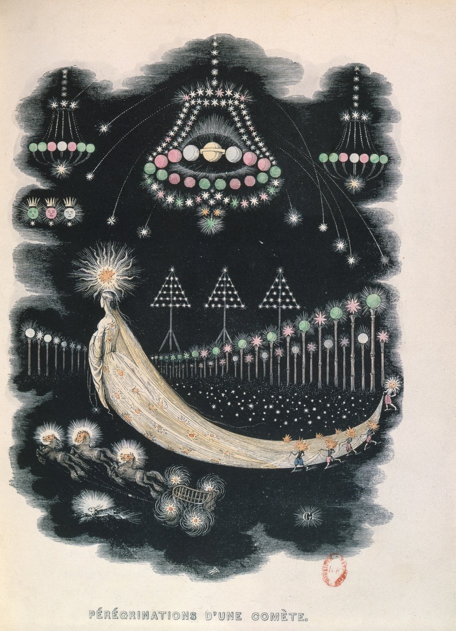 Komeetan muutto, mahdollisesti matkamuisto Halleysin komeetta vuodelta 1834. 1849 tekijältä Grandville