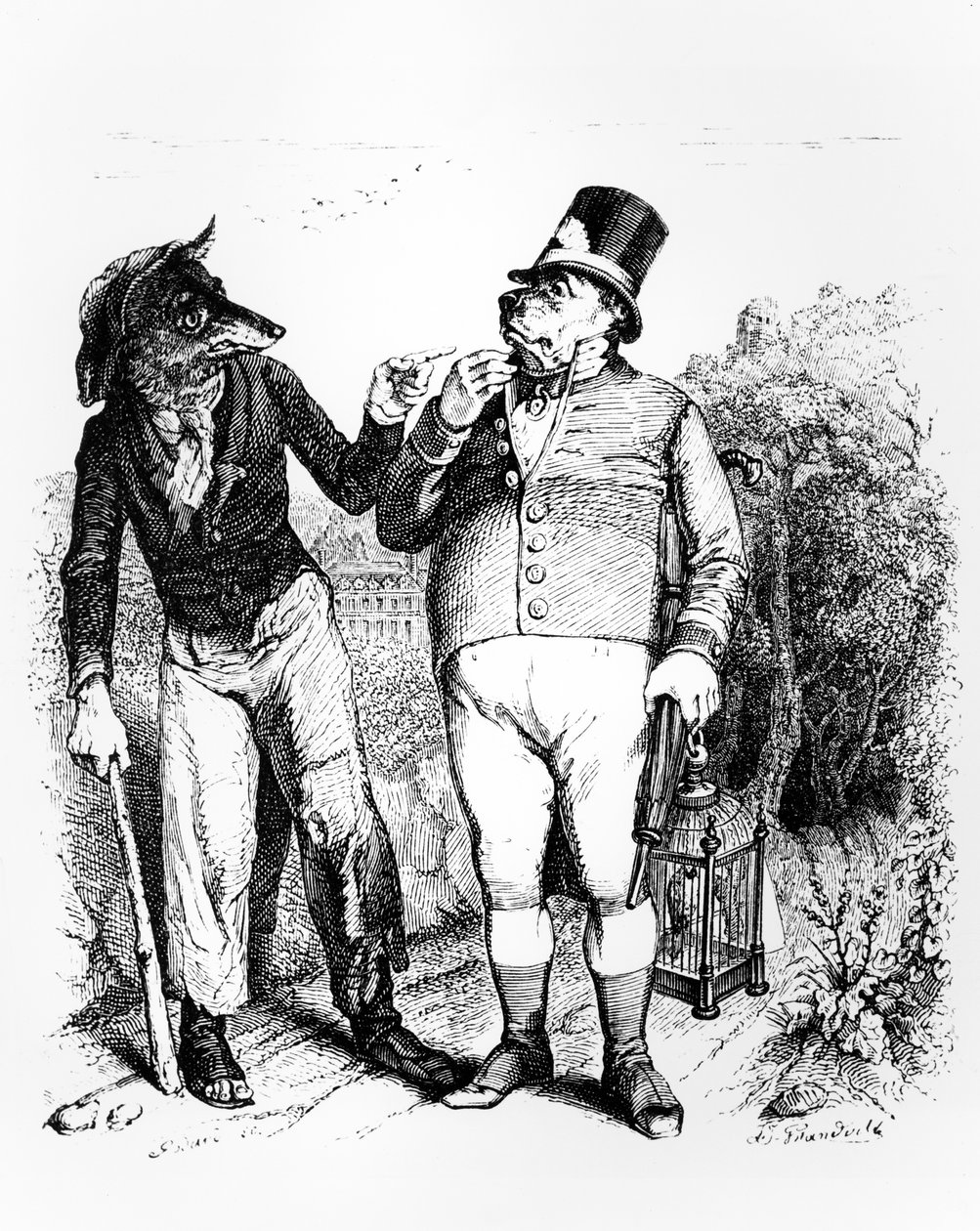Koira ja susi, kuvitus "Fables" of La Fontainen, julkaisija H. Fournier Aine, 1838 tekijältä Grandville