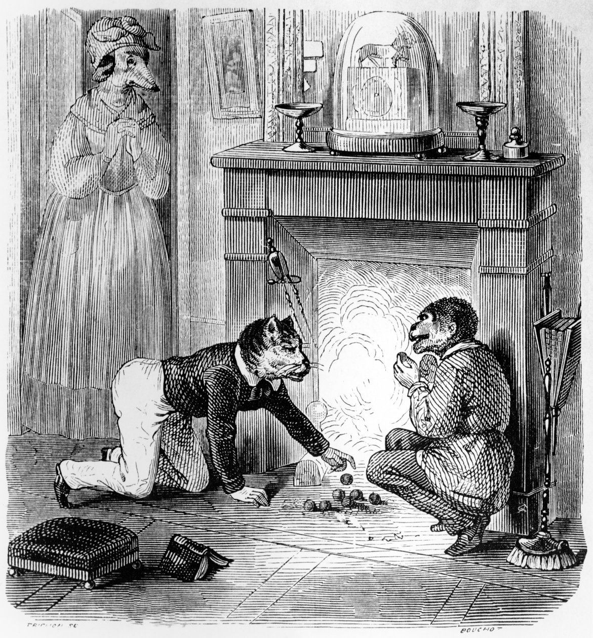 Apina ja kissa, kuvitus "Fables" of La Fontainen (1621-95), julkaisija H. Fournier Aine, 1838 tekijältä Grandville