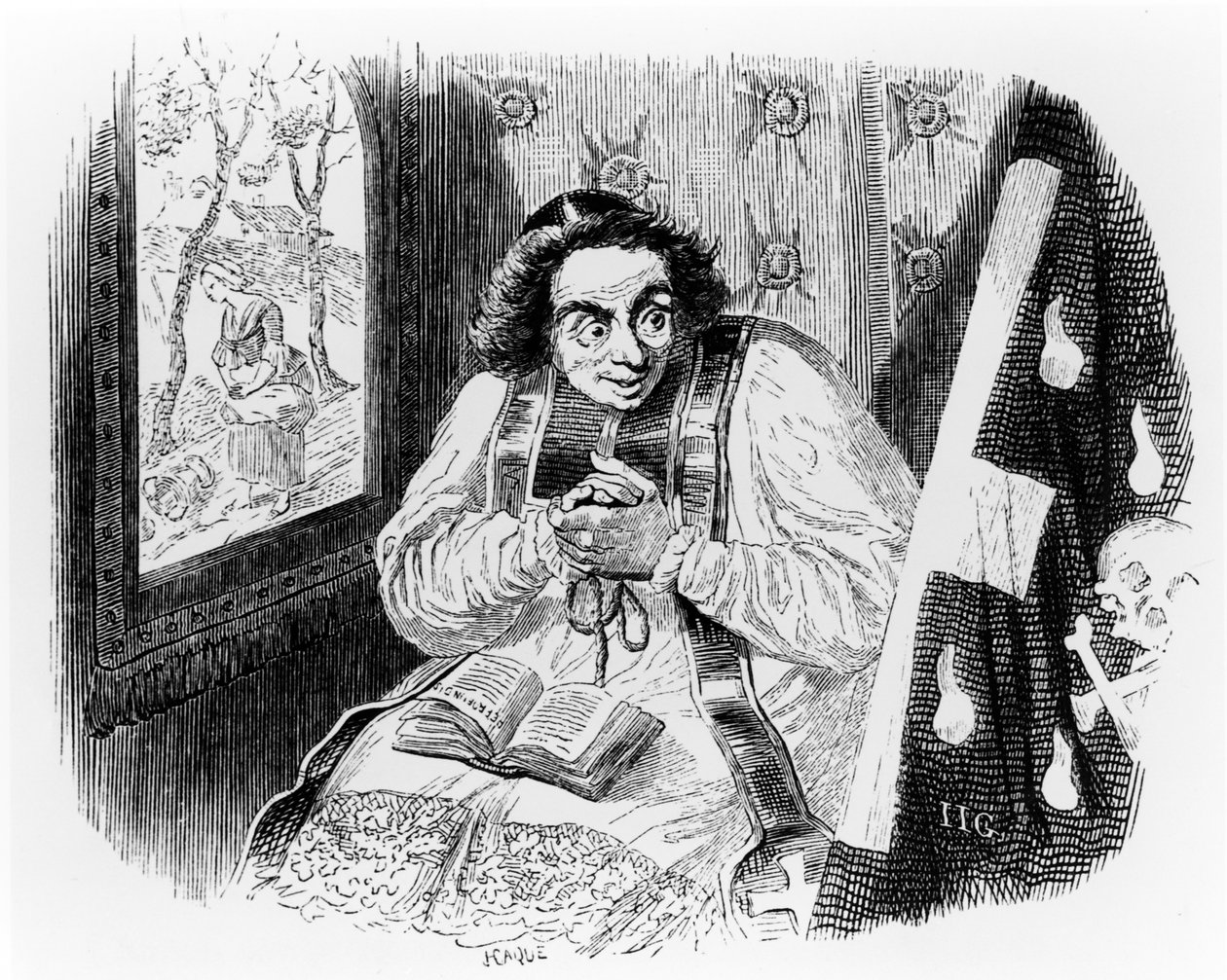 Pappi ja ruumis, kuvitus La Fontainen "Fables" -teokseen, julkaisija H. Fournier Aine, 1838. tekijältä Grandville