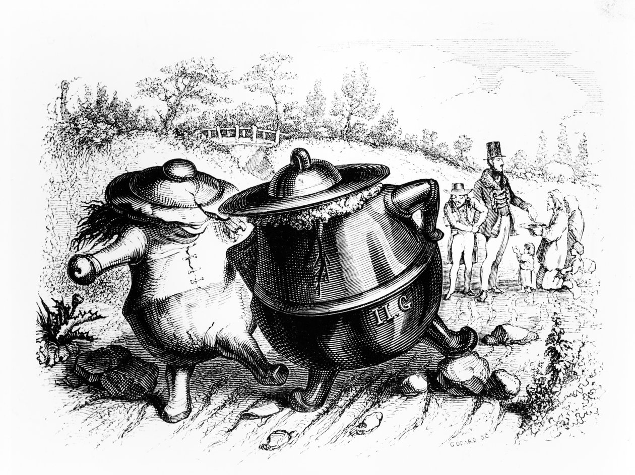 The Two Pots, kuvitus "Fables of La Fontainen" (1621-95), julkaisija H. Fournier Aine, 1838 tekijältä Grandville