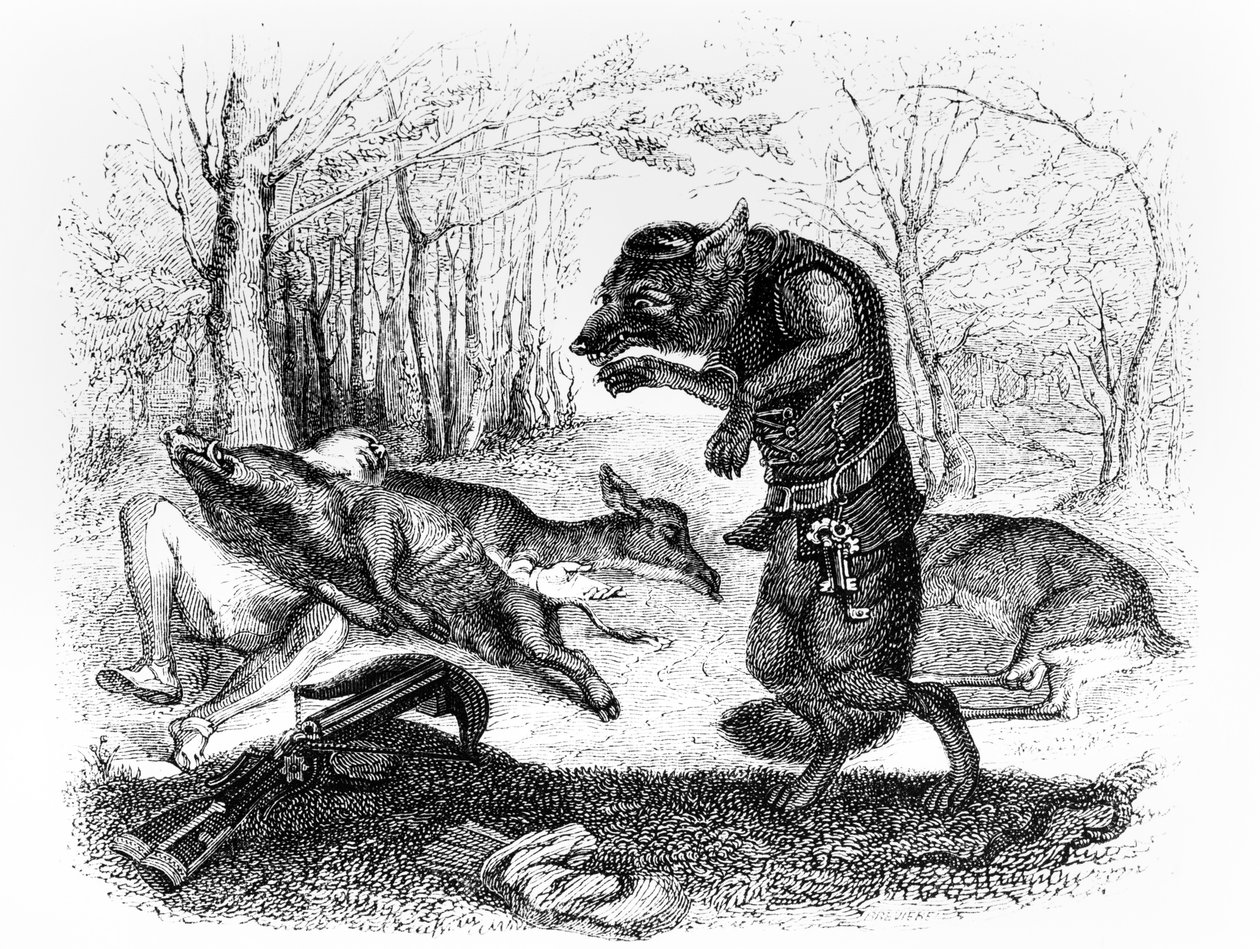 Susi ja metsästäjä, kuvitus La Fontainen "Fables" -teokseen, julkaisija H. Fournier Aine, 1838. tekijältä Grandville
