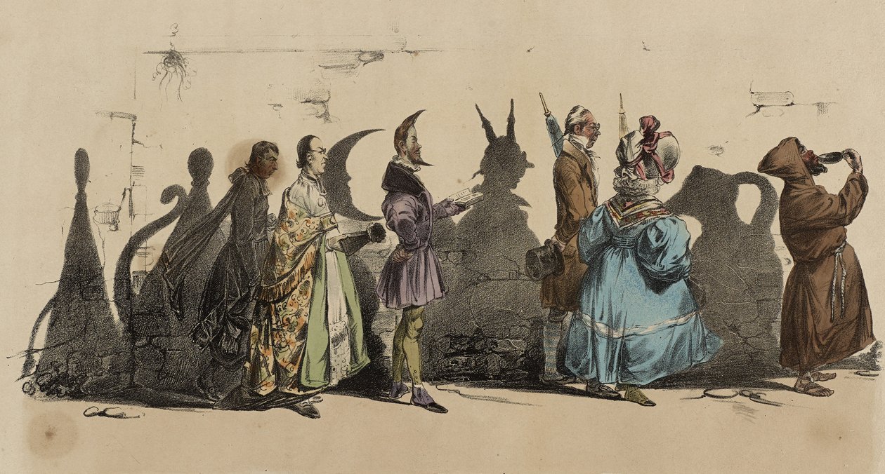Karikatyyri; Les Ombres Portees, nro 5 (käsinvärinen lito) tekijältä Grandville 1803 47 Grandville 1803 47
