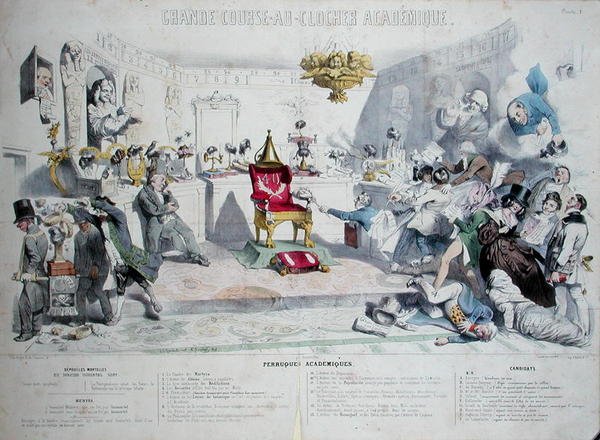 Grande Course au Clocher Academique, Institut de Francea kuvaava karikatyyri, 1839 (katso myös 218693) (värikaiverrus) tekijältä Grandville 1803 47 after Grandville 1803 47 after