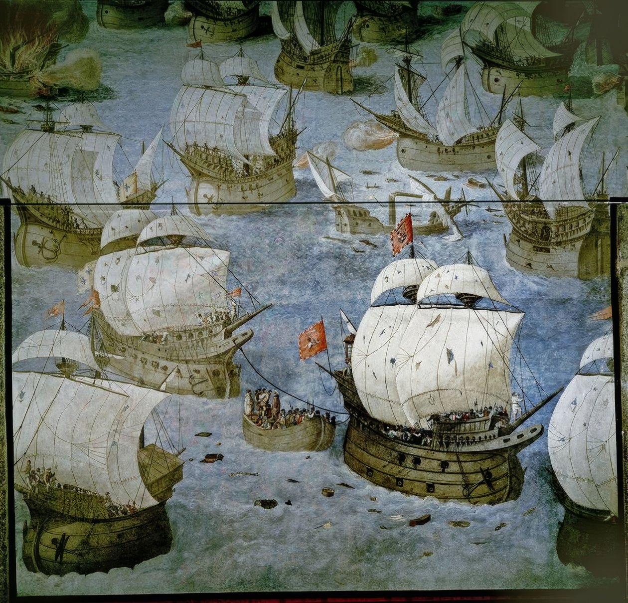 Merivoimien TAISTELU AZORILLA (1571) - KOLMANSEN SAAREN VALLOITUS - TUORE MAALAUS 1585 - RESTAURoitu tekijältä Granello Tavaron Castello y Cambiasso