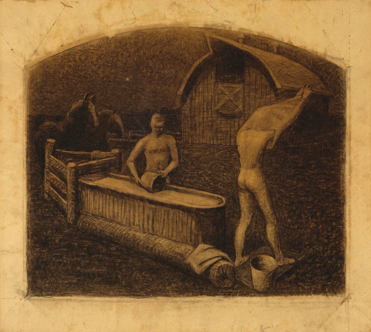 Lauantai-illan kylpy, 1937 (hiili paperilla) tekijältä Grant Wood