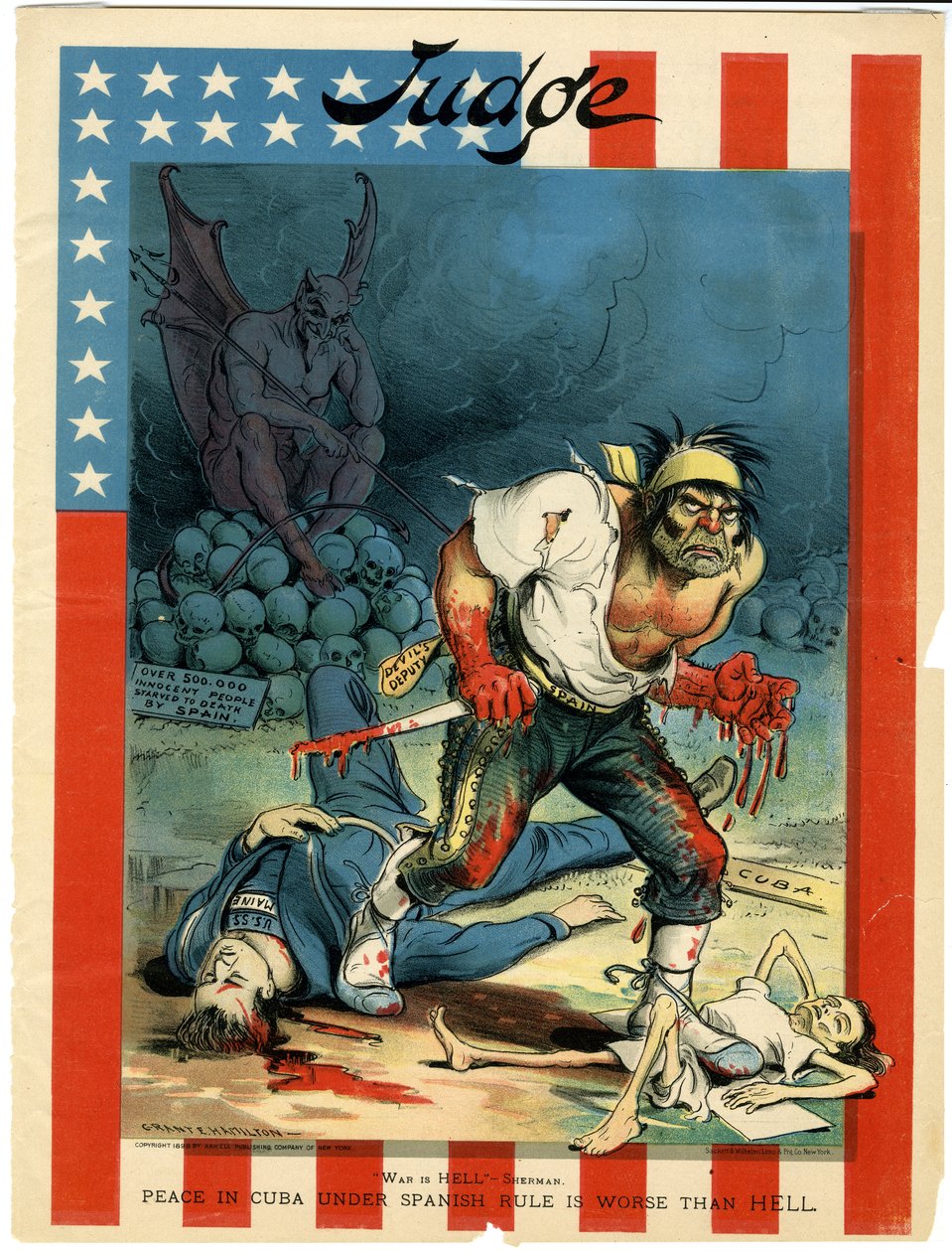 Sota on helvetti - Sherman, rauha Kuubassa Espanjan vallan alaisuudessa on pahempaa kuin helvetti, kuva tuomarilta, 30. huhtikuuta 1898 tekijältä Grant E. Hamilton