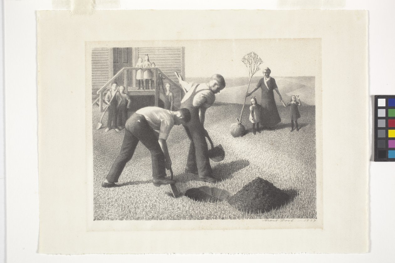 Puiden istutusryhmä (litografia) tekijältä Grant Wood