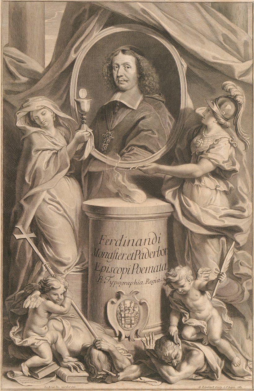 Zwei weibliche Gestalten, Religion und Weisheit, halten das Brustbild Ferdinands von Fürstenberg, während zu ihren Füßen ihre Genien Häresie und Unwissenheit zu Boden treten. tekijältä Gérard Edelinck