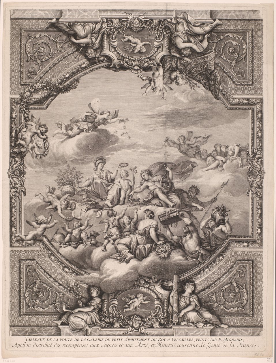 Apollo jakaa palkintoja ja Minerva kruunaa Ranskan nerouden Apollon distirbuë des recompenses aux Sciences et aux Arts, et Minerve couronne le Genie de la France (otsikko esineessä) Kattomaalaukset Versaillesin palatsissa (sarjan nimi) tekijältä Gérard Audran