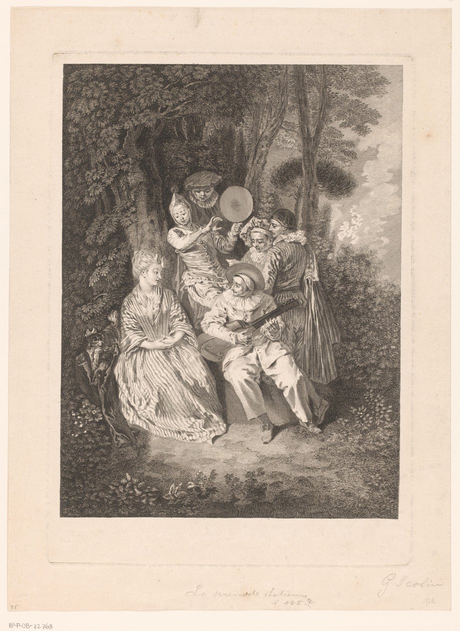 Puistomaisema, jossa on teatterihahmoja, jotka serenaadivat naisen La Serenade Italienne (otsikko esineessä) Printit Antoine Watteaun mukaan (sarjan nimi) L