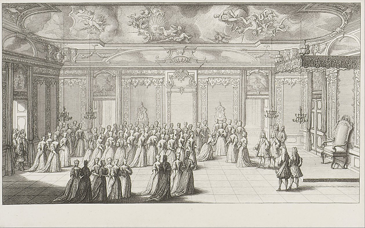 Audienssisali morsiamen vastaanoton aikana Dresdenin palatsissa 2. syyskuuta 1719. tekijältä Gerard Jean Baptiste Scotin