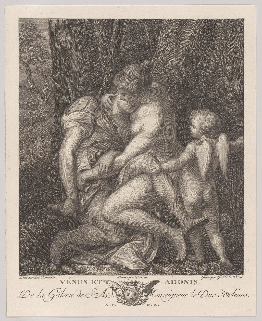 Venus suree Adonisia, istuu puun alla ja syleilee häntä, Cupidolla oikealla, noin. 1786. tekijältä Gérard René Le Vilain