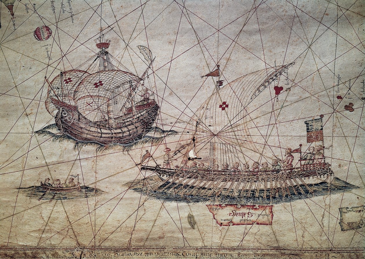 Galley ja portugalilainen karavelli, yksityiskohta Välimeren merikartalta tekijältä Grazioso Benincasa