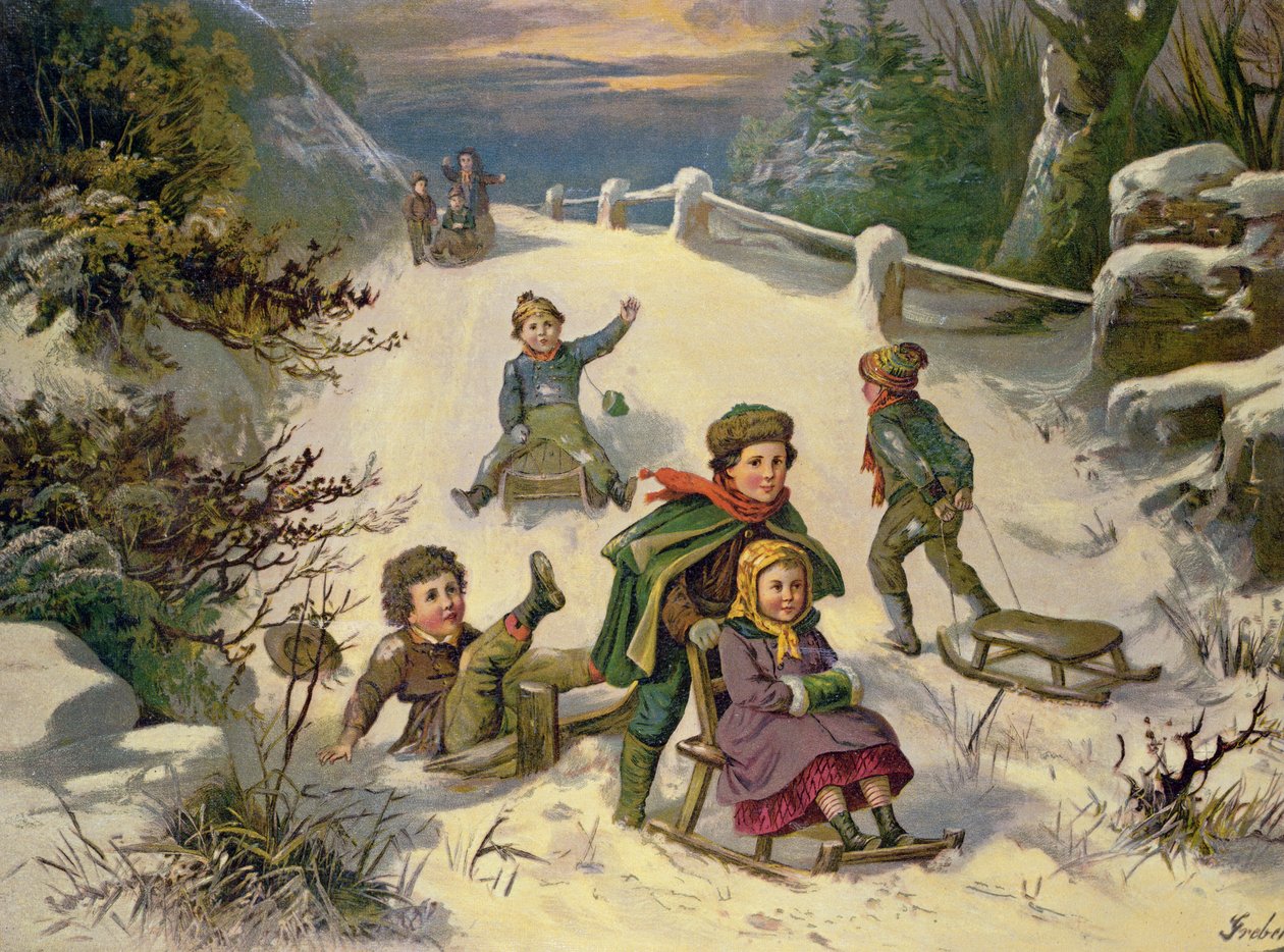 Kelkkailu ja lumipallo, 1800-luku (oleografi) tekijältä Greben