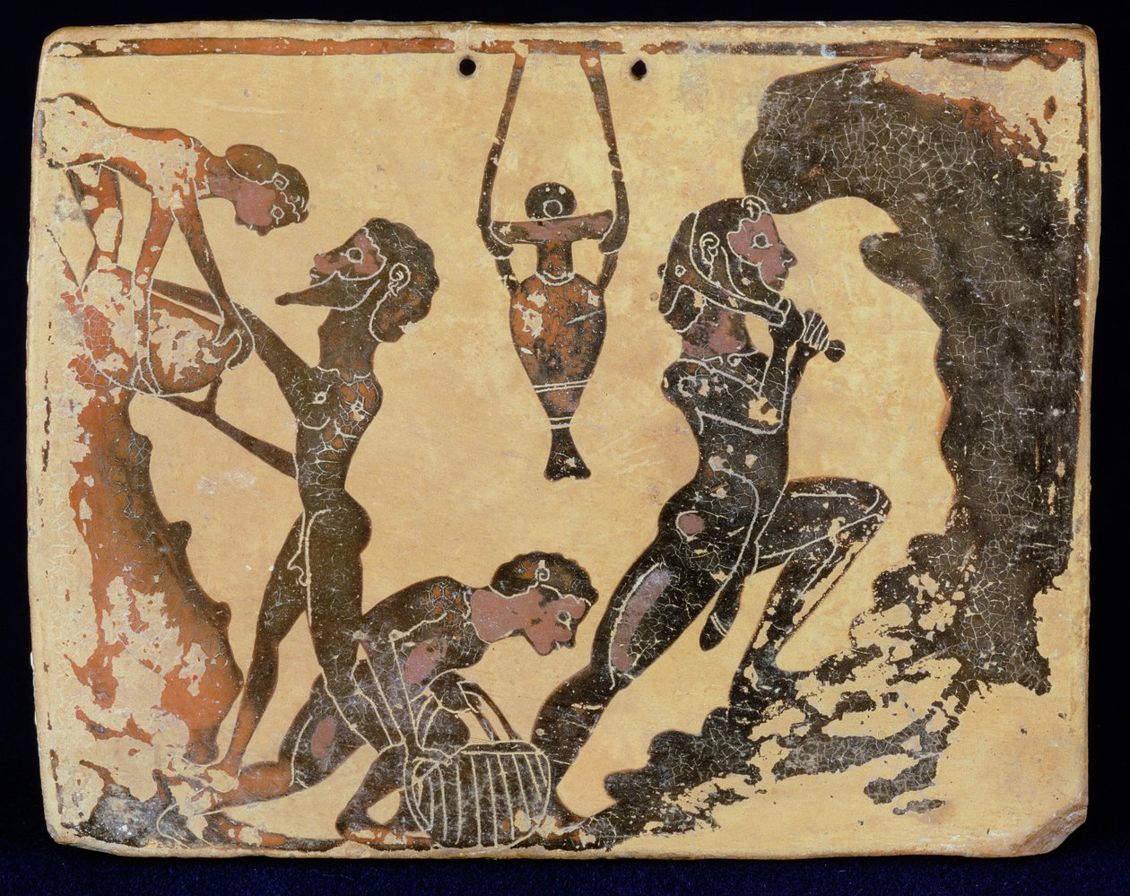 Korinttilainen plaketti, joka kuvaa työntekijöitä savikuopassa, Penteskofia Korintin lähellä, 575-550 eaa. (savi). tekijältä Greek
