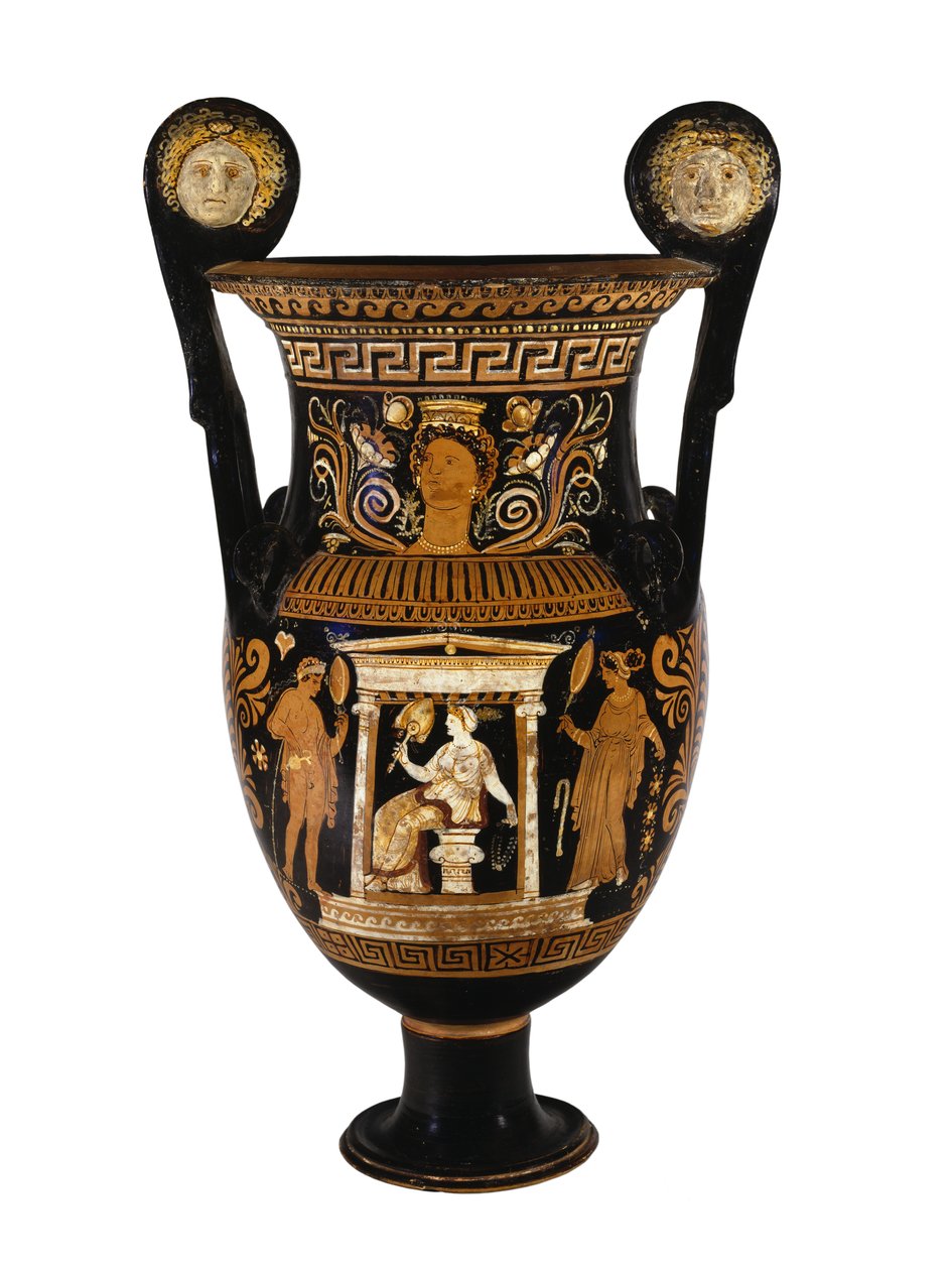 Apulian punahahmoinen voluttikraatteri, jota koristaa istuva nainen ja hänen kaksi avustajaa, n. 340-320 eKr. (keraaminen) tekijältä Greek