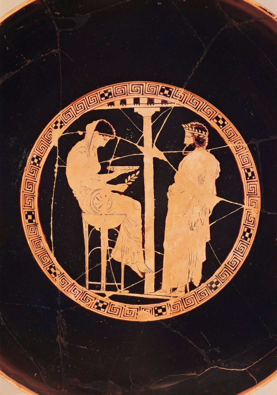 Ateenalainen punahahmo kylix, joka kuvaa Egeusta, Ateenan kuningasta, neuvottelemassa Delphin oraakkelilla (keramiikka) tekijältä Greek