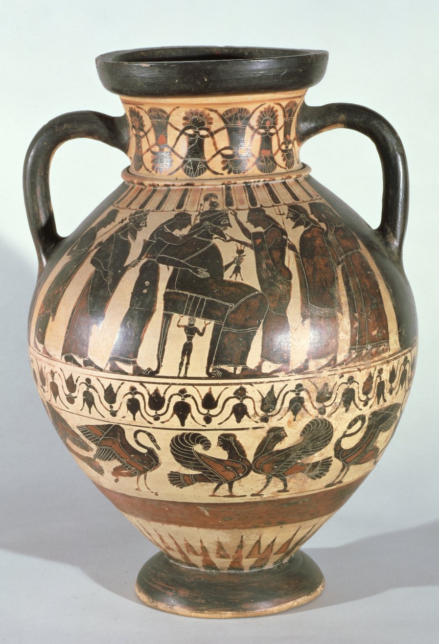 Attic Korintin amfora, joka kuvaa Zeusta valtaistuimellaan Athenen syntymän aikana (keramiikka) tekijältä Greek