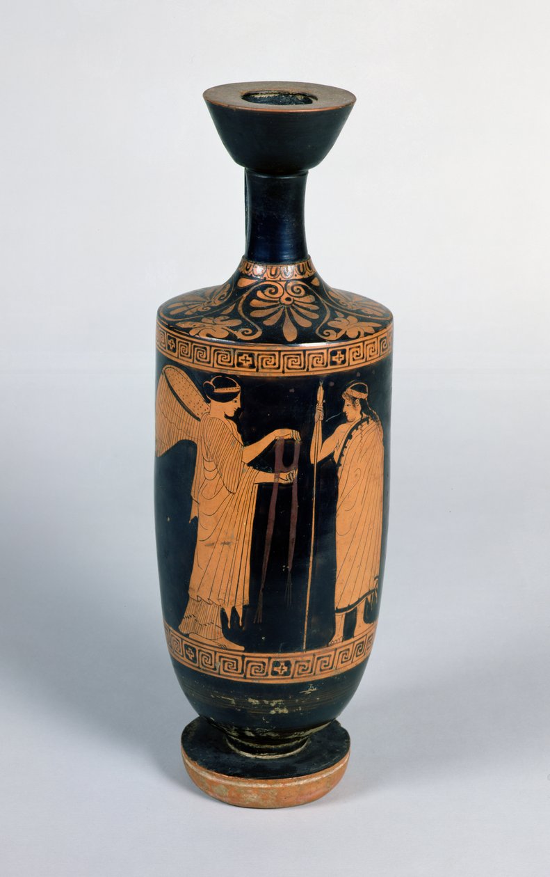 Ullakko Lekythos, joka kuvaa nikeä (siivekäs voitto), joka tarjoaa seppeleen nuorelle, n. 480-470 eKr. (keraaminen) tekijältä Greek