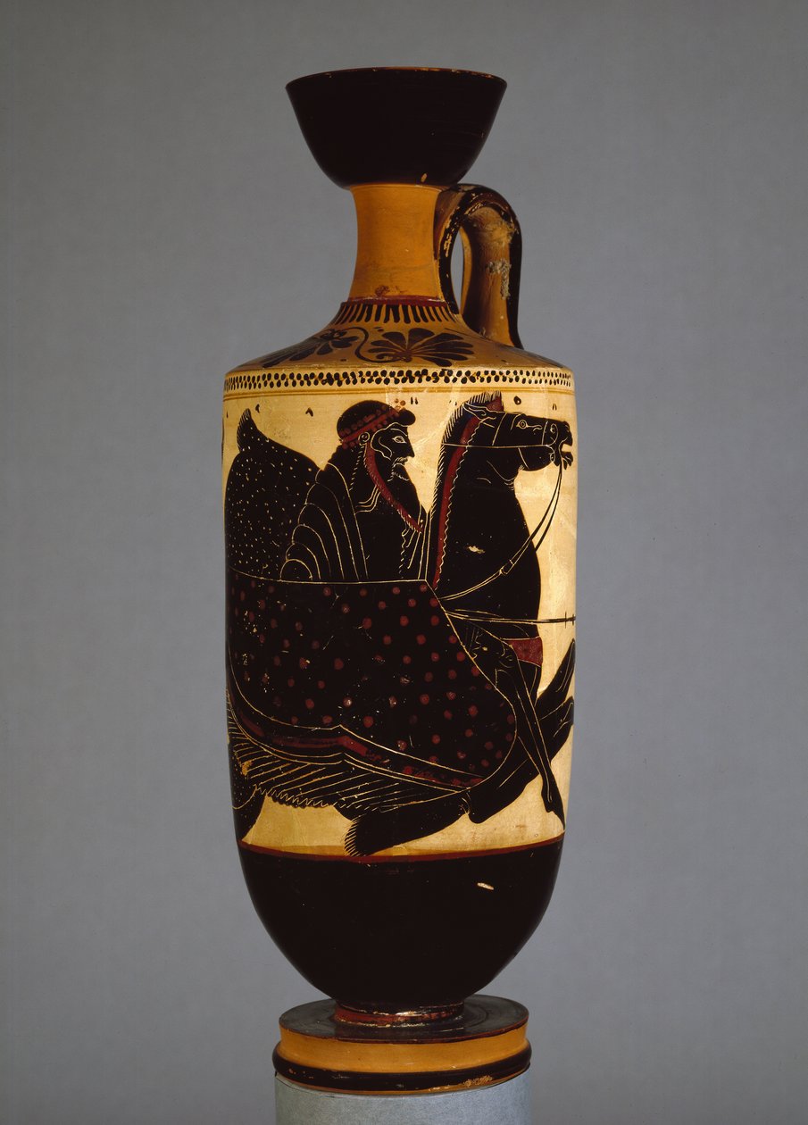 Ullakon mustahahmoinen lekythos, joka kuvaa Poseidonia, 6.-5. vuosisadalla eKr. (keramiikka) tekijältä Greek