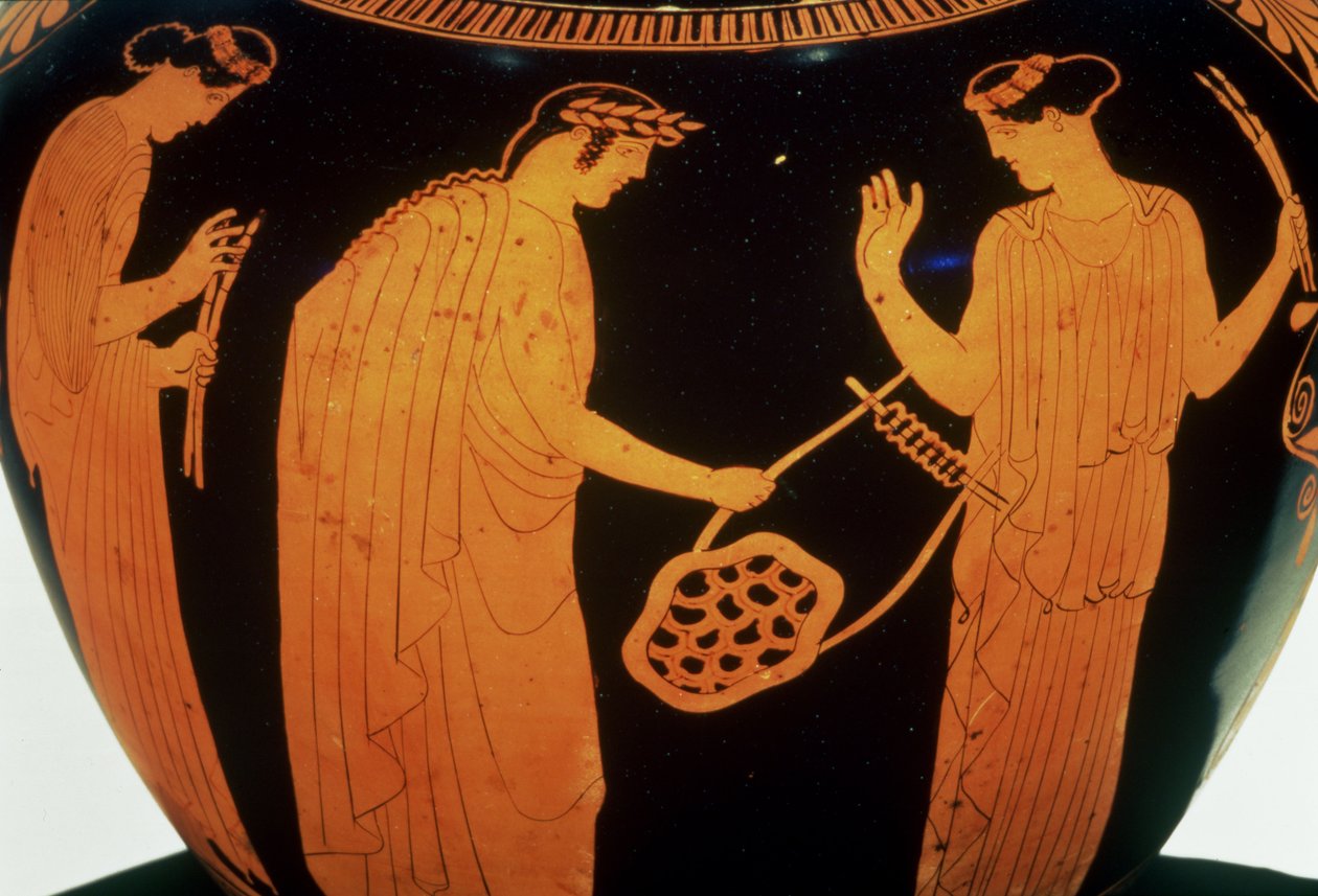 Ullakon punahahmoinen hydria, joka on koristeltu Thamyriksen, traakialaisen bardin tarinalla, noin 440-420 eKr. (keramiikka) tekijältä Greek