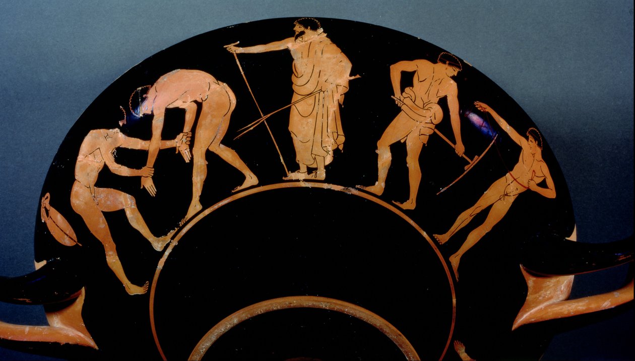 Attikalainen punasävyinen kylix, joka esittää urheilijoiden harjoittelua (keramiikka) (ks. myös 103375). tekijältä Greek