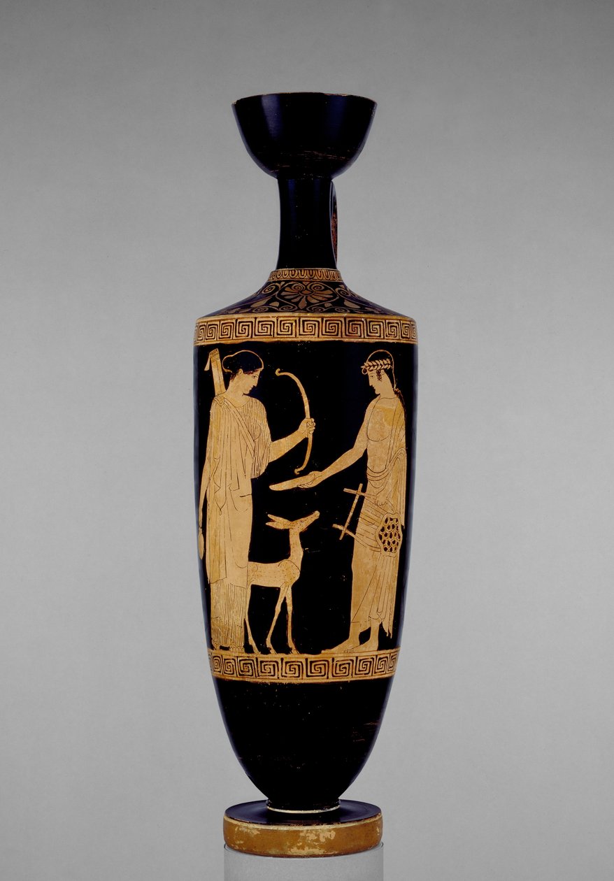 Ullakkolekythos, punahahmoinen, koristeltu Apollolla ja Artemis peuralla, 5. vuosisadalla eKr. (keramiikka) tekijältä Greek