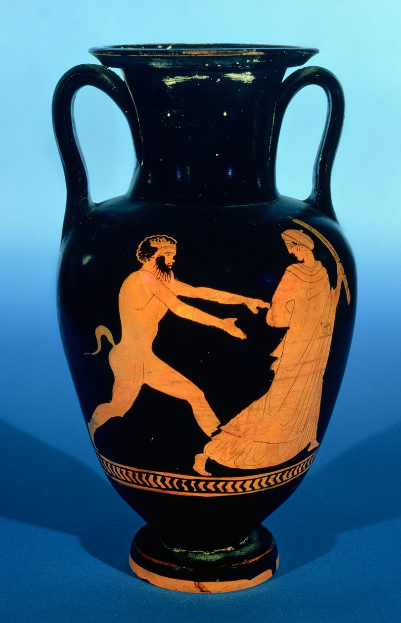 Ullakon punahahmoinen nolan-amfora, koristeltu naisella, jota satyyri jahtaa, n. 450-440 eKr. (keraaminen) tekijältä Greek