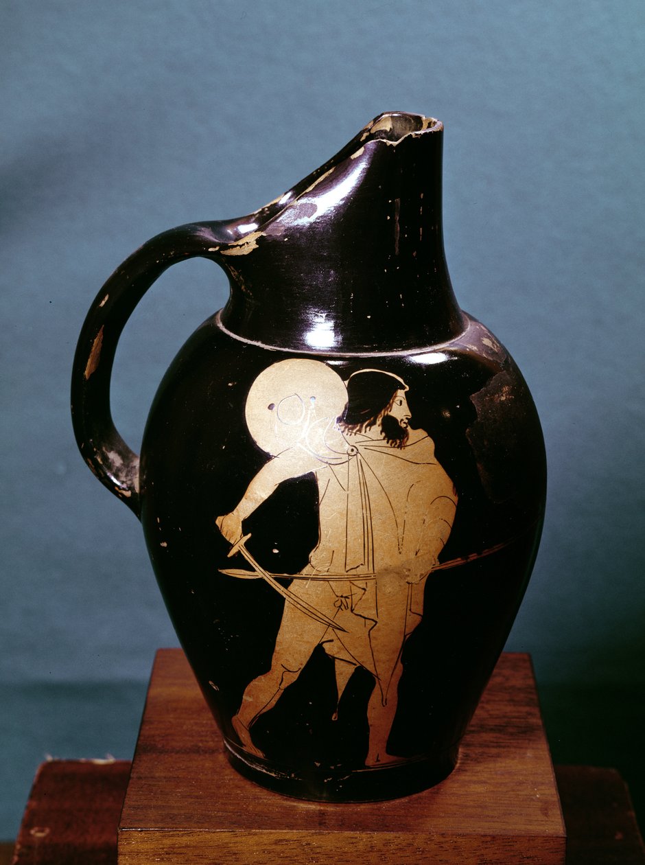 Attikalainen punafiguurinen oinochoe, jossa Odysseus jahtaa miekkansa kanssa noitanaista Circeä (keramiikka) (ks. myös 279363). tekijältä Greek