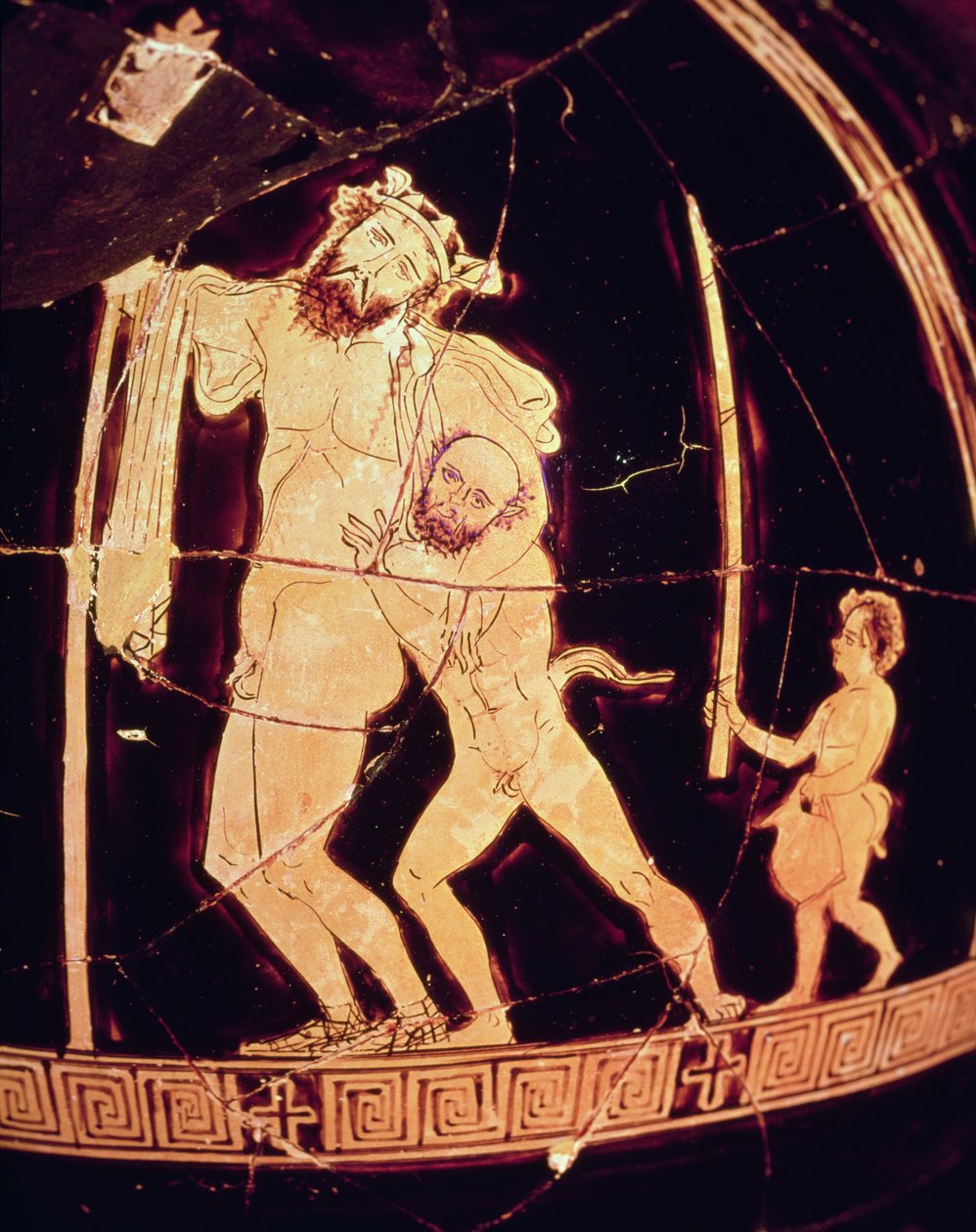 Punainen ullakkomaljakko, joka kuvaa dionysolaista kohtausta (keramiikka) tekijältä Greek