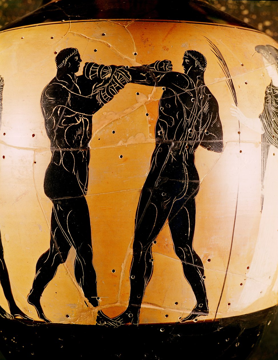Mustahahmoinen Panathenaic-amfora, joka kuvaa nyrkkeilykilpailua, n. 336 eKr. (keramiikka) tekijältä Greek