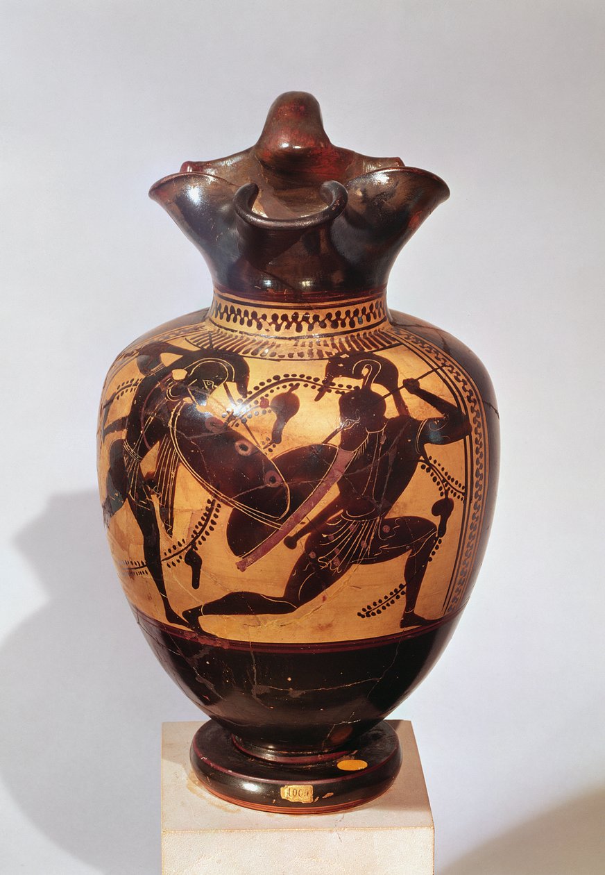 Mustahahmoinen sotureilla koristeltu oinochoe, n. 530-520 eKr. (keraaminen) tekijältä Greek
