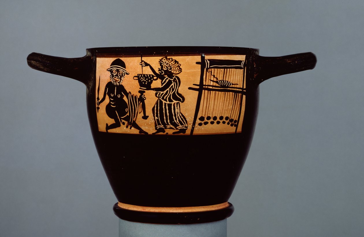 Boiootialainen mustahahmoinen skyphos, koristeltu kohtauksella Odysseukselle, jolle Circe antoi huumausainetta, Mystae Painterin työpaja, Thebes, Boiotia, 5. vuosisadan lopulla eKr. (keramiikka) (r tekijältä Greek