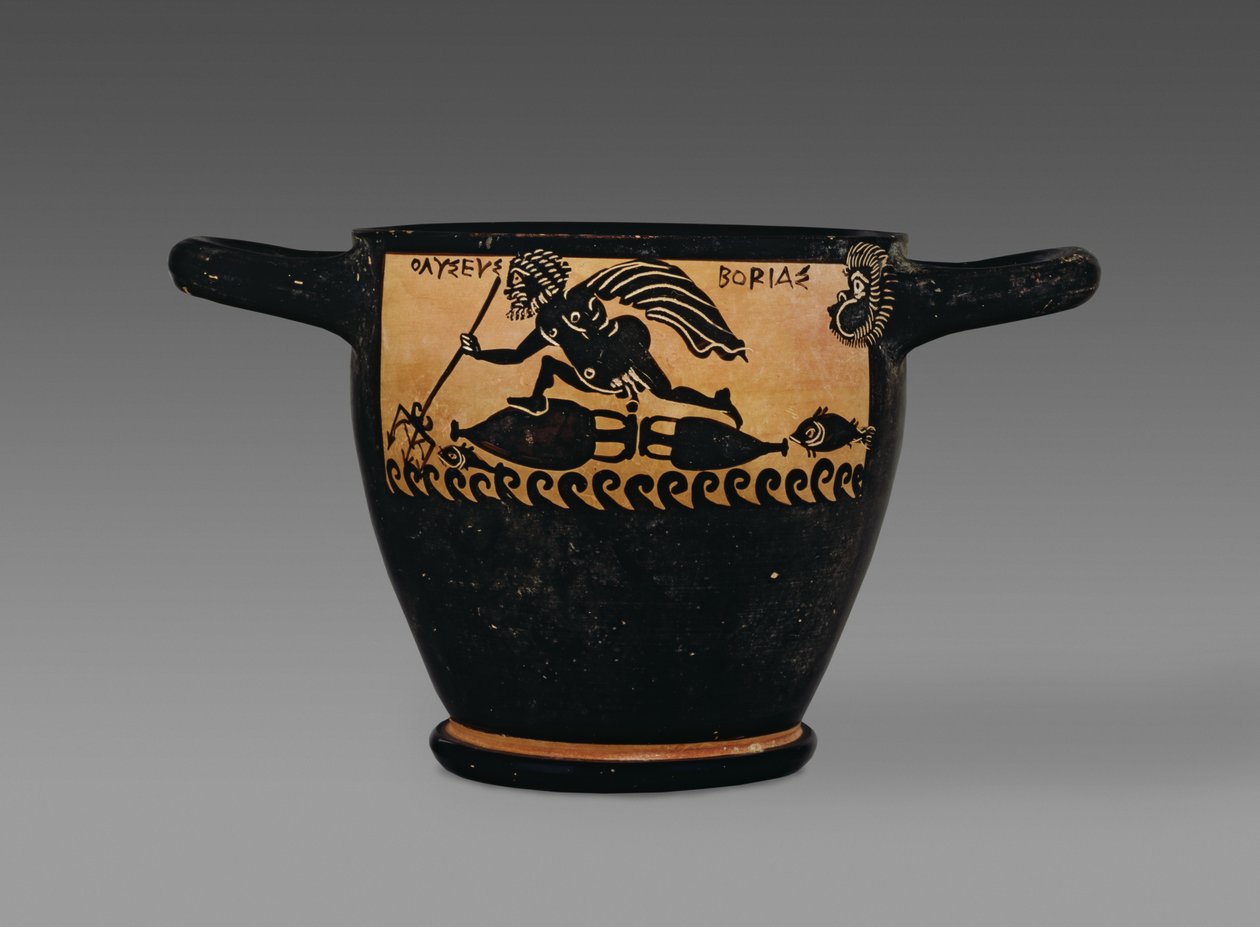 Boioottilainen mustahahmoinen skyphos, koristeltu kohtauksella, jossa Boreas puhalsi meren yli Odysseuksen, Mystae Painterin työpajasta, Thebes, Boiotia, 5. vuosisadan lopulla eKr. (keramiikka) tekijältä Greek
