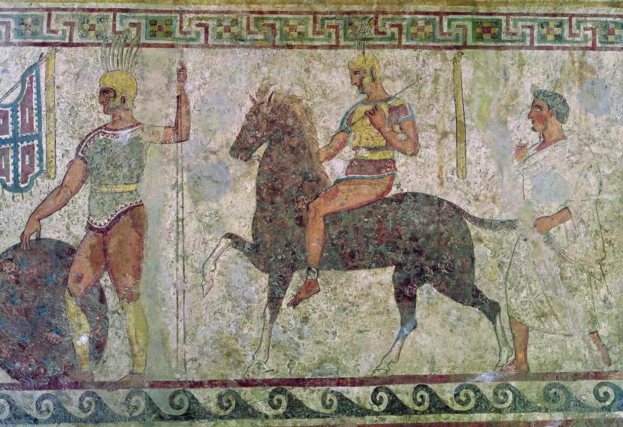 Ratsumies ja jalkasotilas, hautamaalaus Paestumista tekijältä Greek