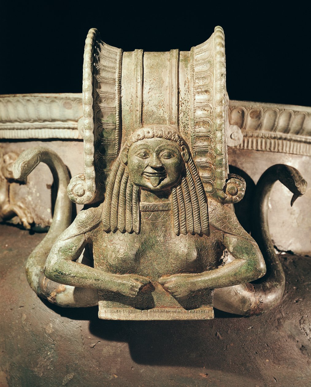 Kraatteri, yksityiskohta kahvasta, Trebeniste Necropolis, Ohrid-järvi, Makedonia, pronssinen yksityiskohta numerosta 243734 tekijältä Greek