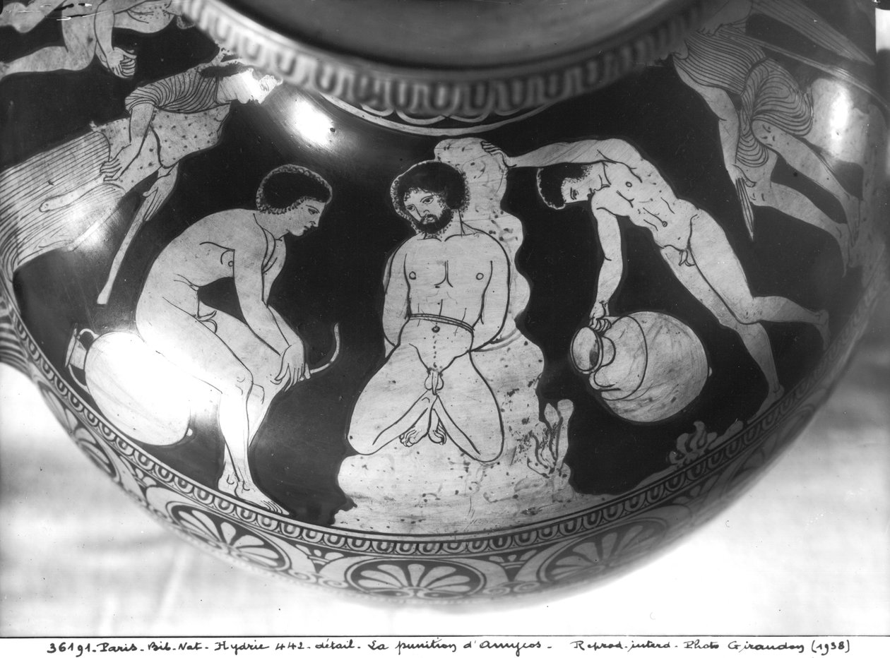 Punainen hydria, joka kuvaa Amykoksen rangaistusta, 700-480 eKr. (keraaminen) tekijältä Greek