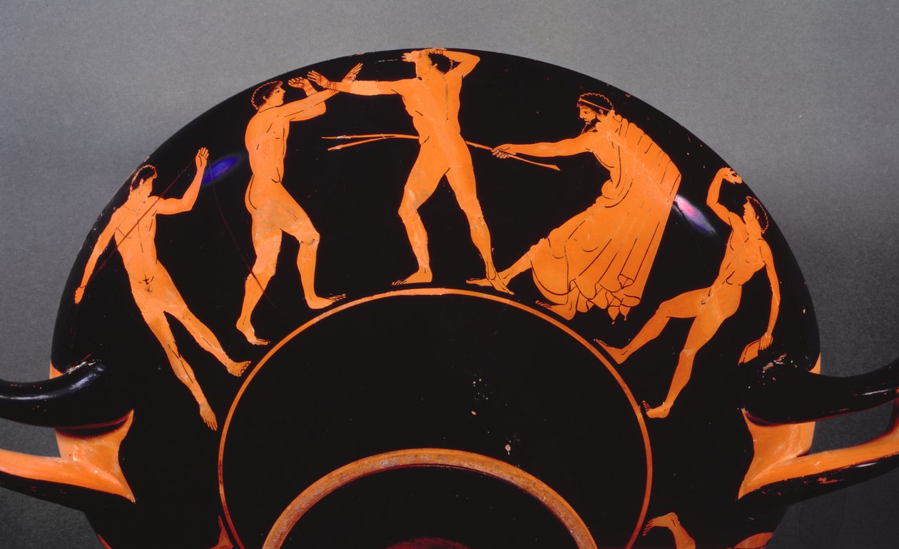 Urheilijoita harjoitteleva punahahmoinen kylix, n. 500 eKr. (punahahmoinen keramiikka) (katso myös 103374) tekijältä Greek
