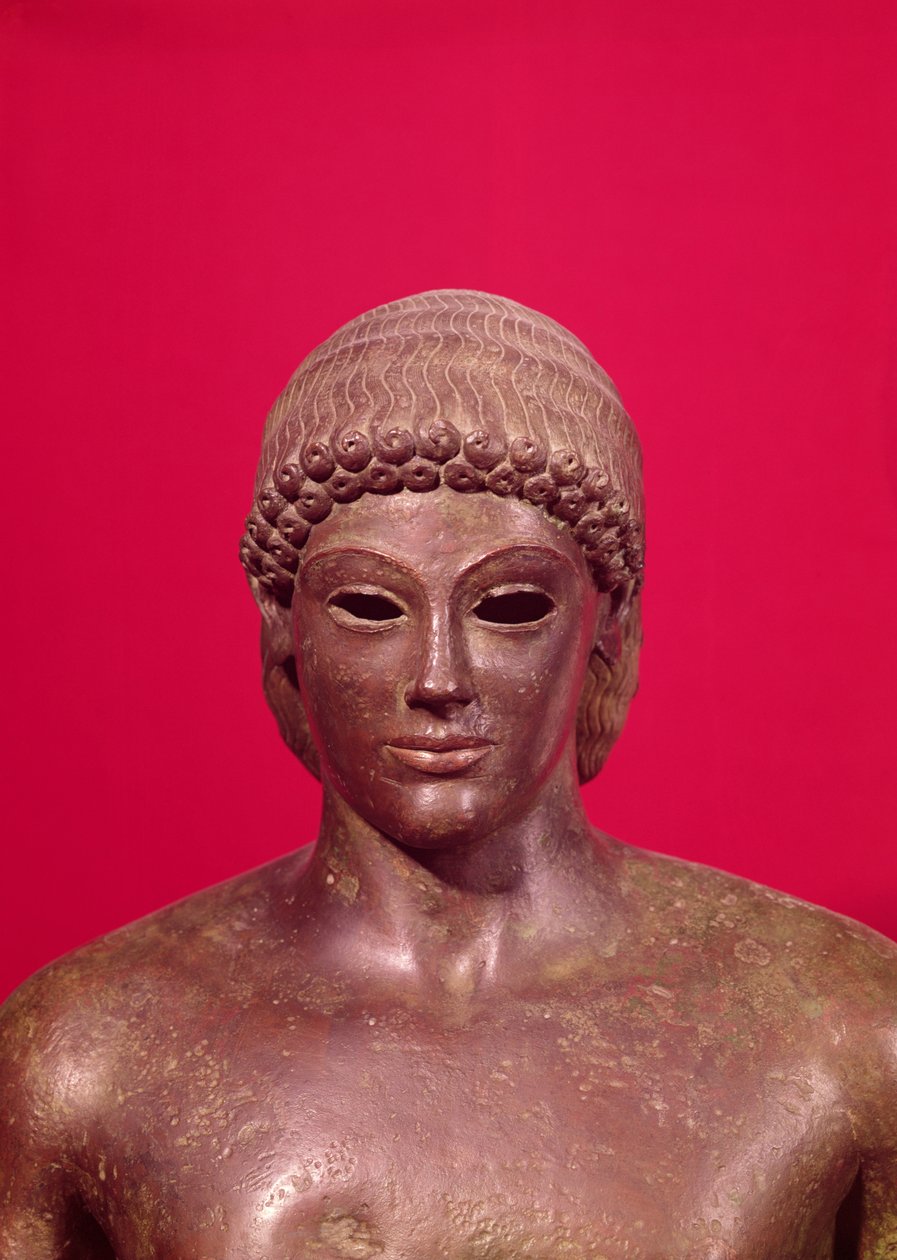 Piombinon Apollo, yksityiskohta patsaan päästä, löydetty Beneventosta, Kreikasta, n. 480 eKr. pronssi katso myös 98014-16 & 177203 tekijältä Greek