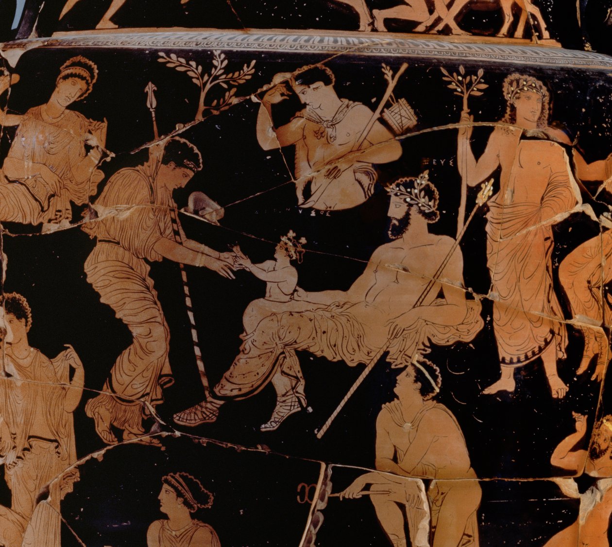 Dionysoksen syntymä, proto-apulialainen punahahmoinen kraatteri, 5. vuosisadan lopulla eKr. - 4. vuosisadan alussa eKr. keraaminen yksityiskohta vuodelta 153339 tekijältä Greek