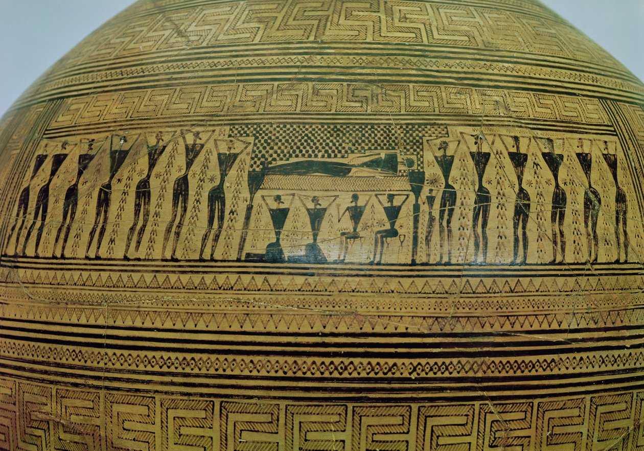 Dipylon Amphora, geometristyylinen hautauurna Kerameikosin hautausmaalta, yksityiskohta hautajaiskohtauksesta, Ateena, n. 750 eKr. terrakotta katso 88063 tekijältä Greek