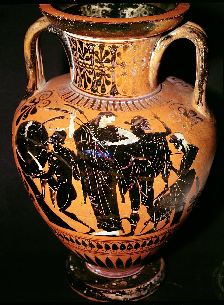 Ullakon mustahahmoinen maljakko, joka kuvaa Synthosta, Demeteriä, Hermestä ja venemiestä, n. 535-540 eKr. (keramiikka) tekijältä Greek