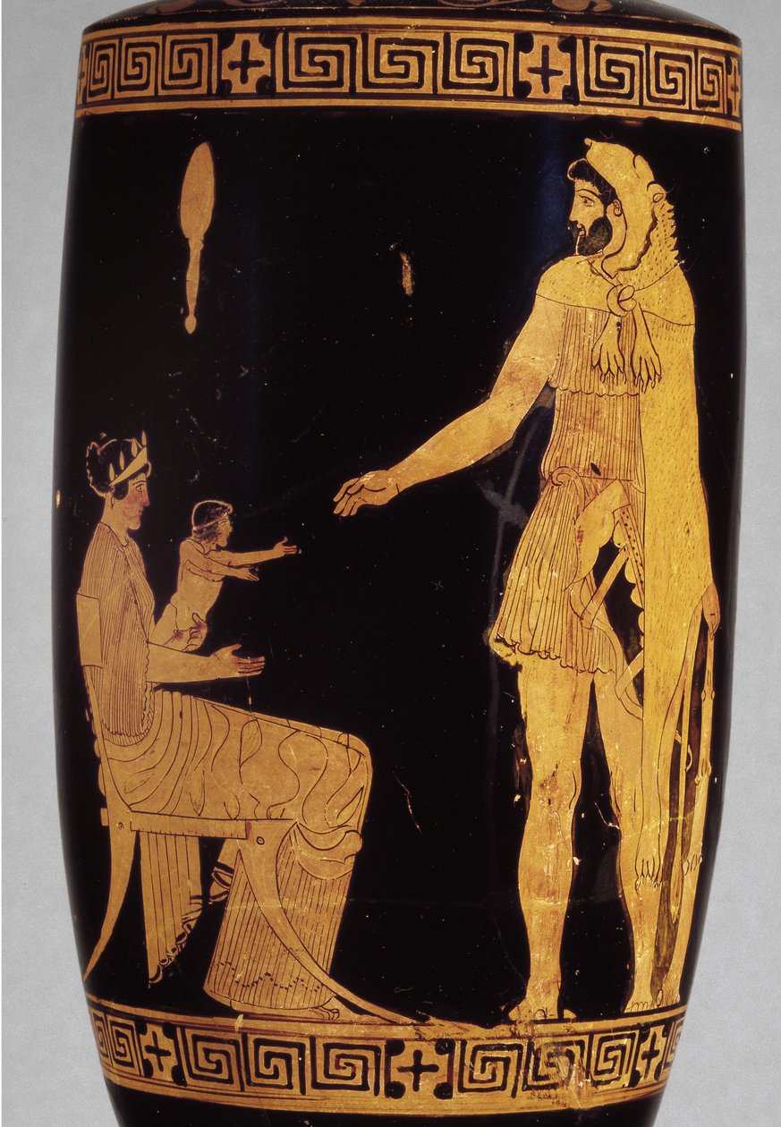 Ullakon punahahmoinen lekythos, joka kuvaa Herakleksen keraamista yksityiskohtaa vuodelta 100581 tekijältä Greek