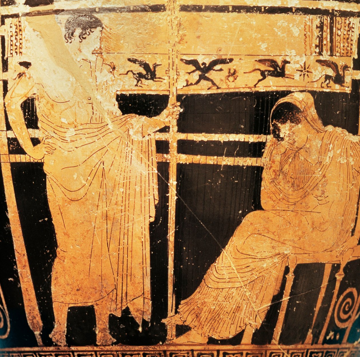 Thelemacuksen taidemaalarin ullakkoskyphos, joka esittää Penelopea ja Telemachusta (punainen keramiikka) tekijältä Greek