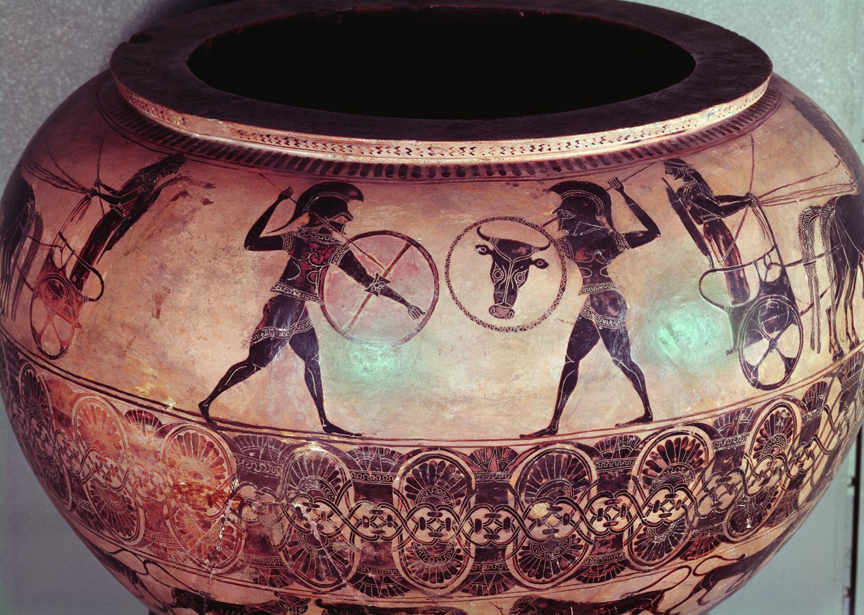 Perseusta ja Gorgoneja kuvaavat dinot, yksityiskohdat hopliiteista taistelemassa vaunujensa välillä, noin 580 eKr. (keramiikka) (katso myös 173180) tekijältä Greek