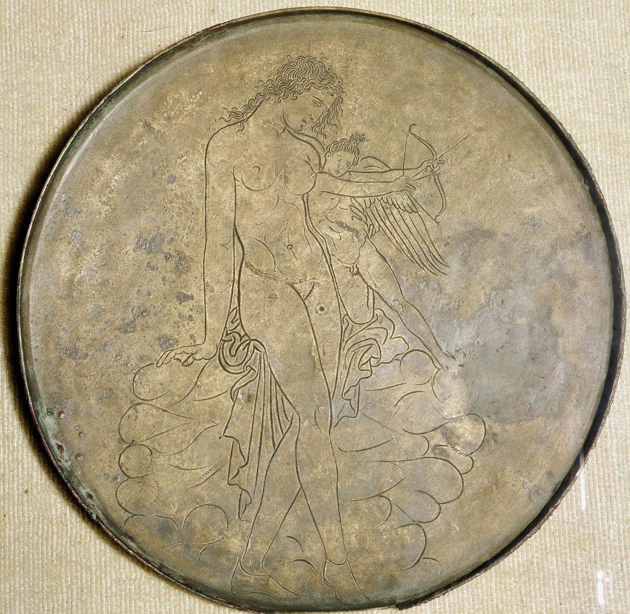 Kreikkalainen taide: "" Afrodite ja Eros"" Pronssipeili. 350 eKr., Louvre-museo tekijältä Greek
