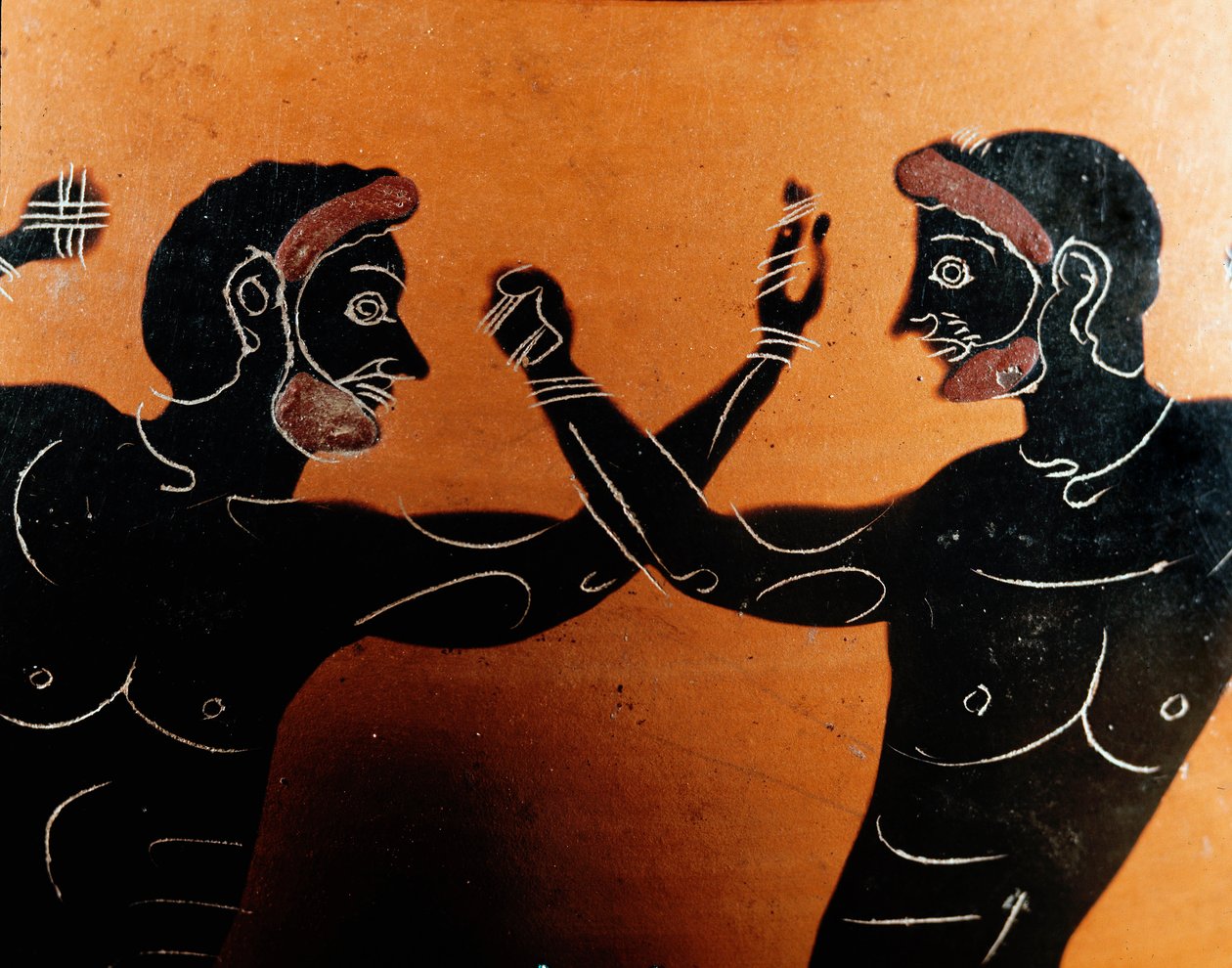 Kreikkalainen taide: Panathenaic Terracotta amfora: yksityiskohta, joka kuvaa pugilatin taistelua. Vulci Warriorin hauta. 6. vuosisadalla eaa. Rooma, Villa Giulian kansallismuseo tekijältä Greek